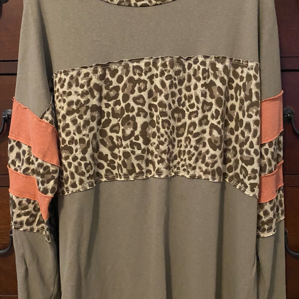 JODIFL Olive and Leopard Print Top with Coral Accents